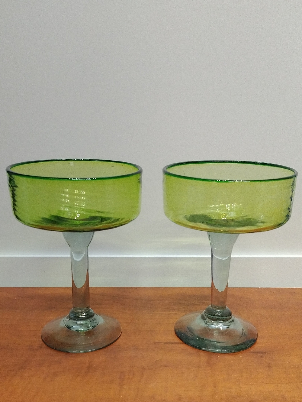 Set of 2 Green & Clear Hand Blown Art Glass Dessert or Margarita Glasses 16 Oz.